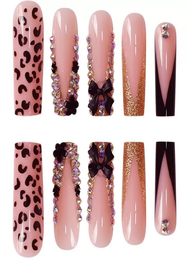 CTTHNBD Long Press on Nails Square French Tip Fake Nails with Black 3D Bow Rhinestone Design Glue on Nails Leopard Print False Nails Glossy Acrylic Full Cover Stick on Nails Artificial Nails for Women 24 Pcs - Image 4